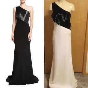 Carmen Marc Valvo One-Shoulder Beaded Crepe Gown.